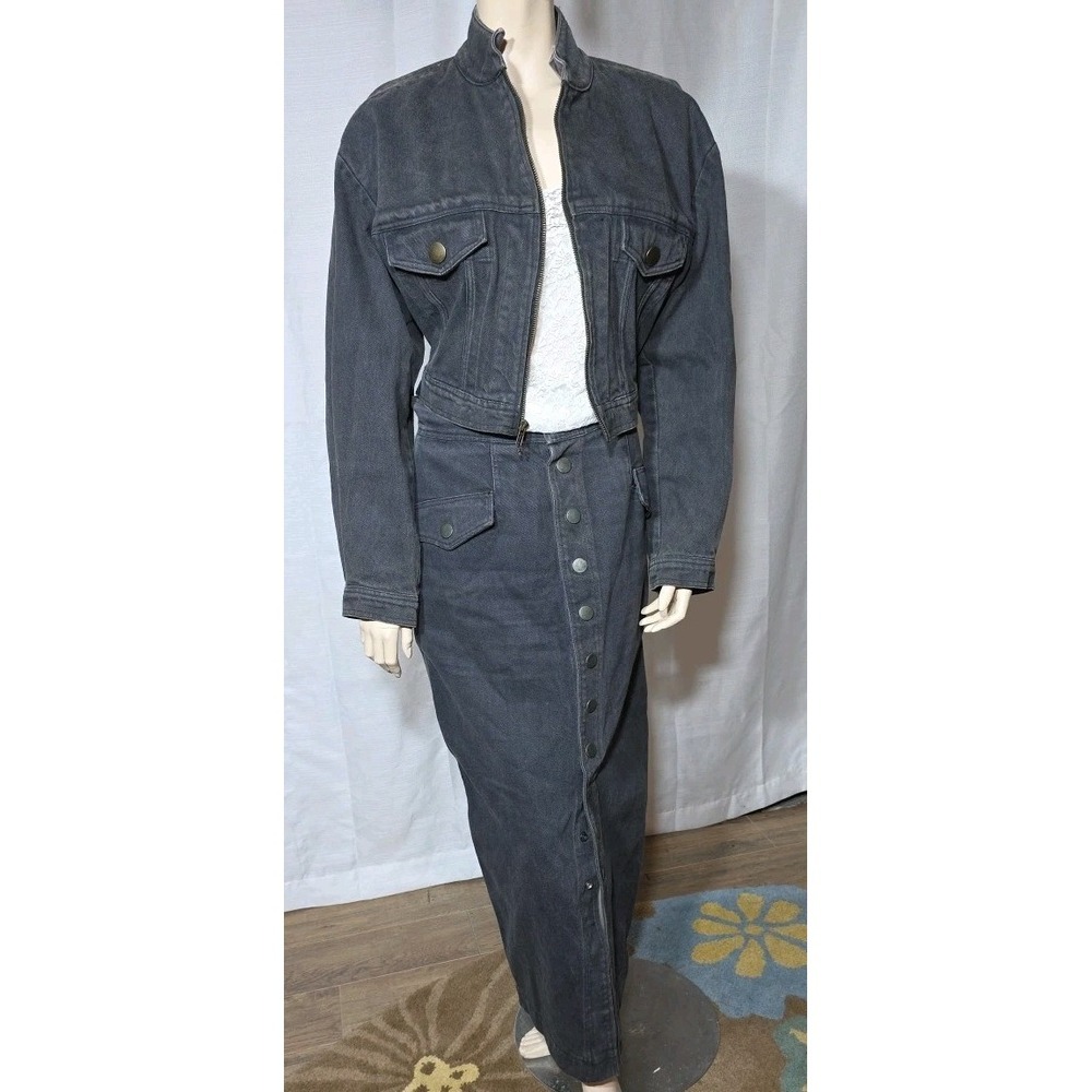 Vintage Jan Barboglio 80's Crop Denim Jacket & Maxi Denim‎ Skirt 8 Black Faded